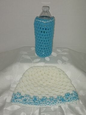 Handmade White and Turquoise Crochet Beanie with Matching Bottle Cozy